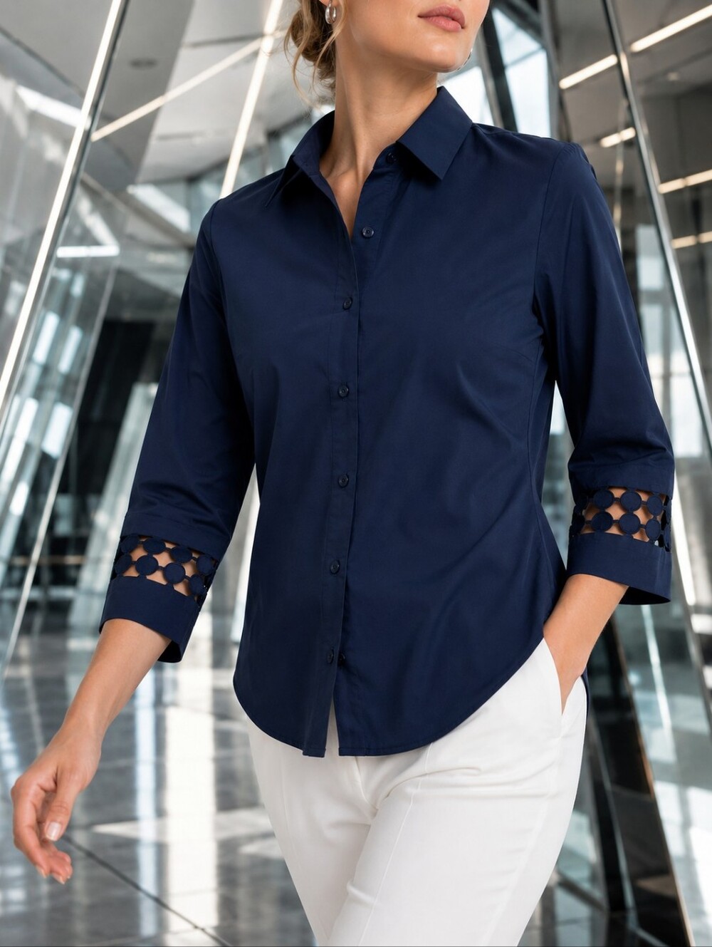 Navy Button-Down Office Fitted Shirt 3/4 Sleeve Corporate Chic Blouse Small